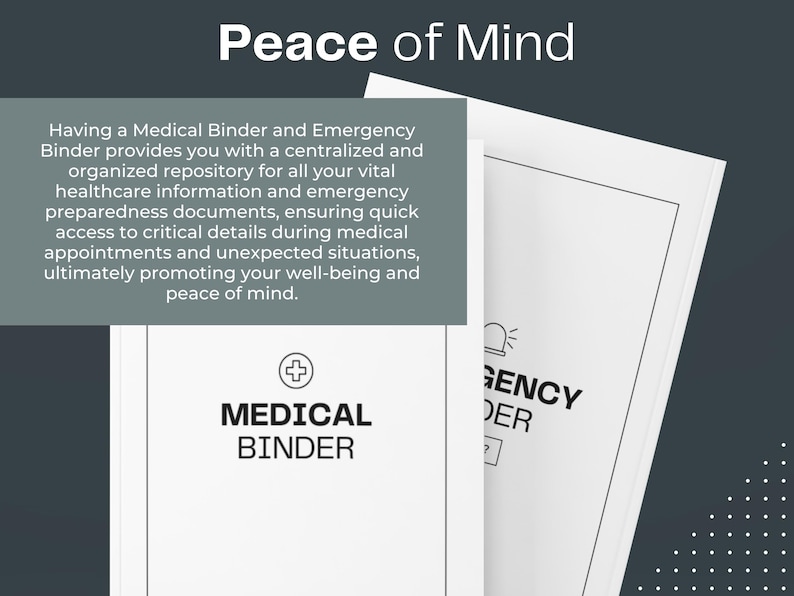 May include: A white medical binder with a red cross and the text "MEDICAL BINDER" on the front. The binder is next to a white emergency binder with the text "EMERGENCY BINDER" on the front. The text "Peace of Mind" is at the top of the image.
