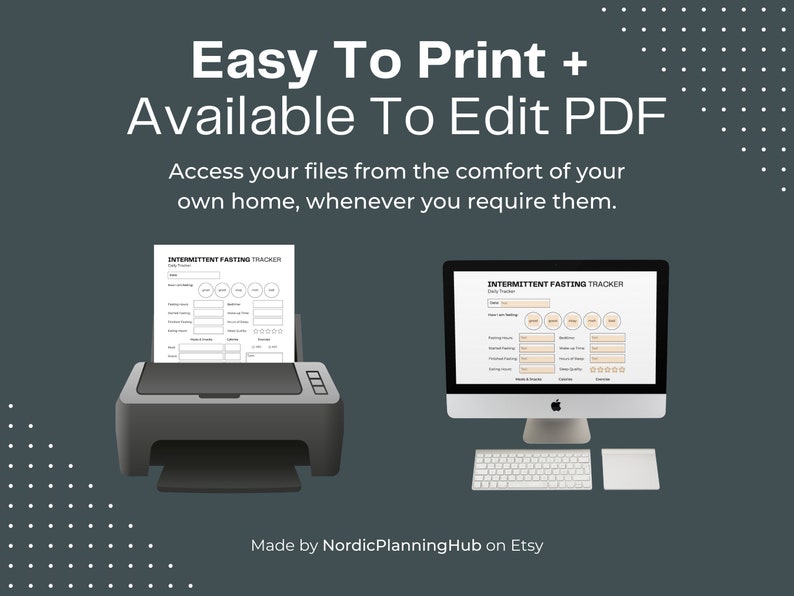 May include: A digital illustration of a computer screen and a printer showing a printable intermittent fasting tracker. The text on the screen and the printer says "Intermittent Fasting Tracker". The text below the image says "Made by NordicPlanningHub on Etsy".