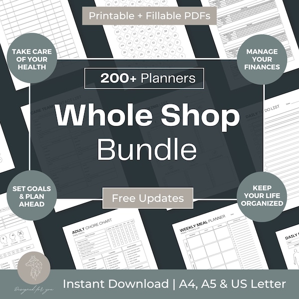 Whole Shop Bundle Savings Challenge Printable Emergency Binder Fillable PDF Medical Binder End of Life Planner Money Finance Planner & More