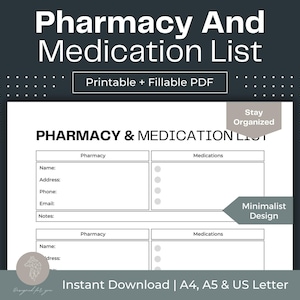 Pharmacy and Medication List Printable Emergency Contact List Chronic Pain Fillable PDF Chronic ...