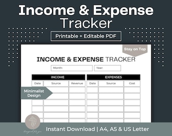 Income & Expense Tracker Printable, Small Business Bookkeeping (Fillable PDF)