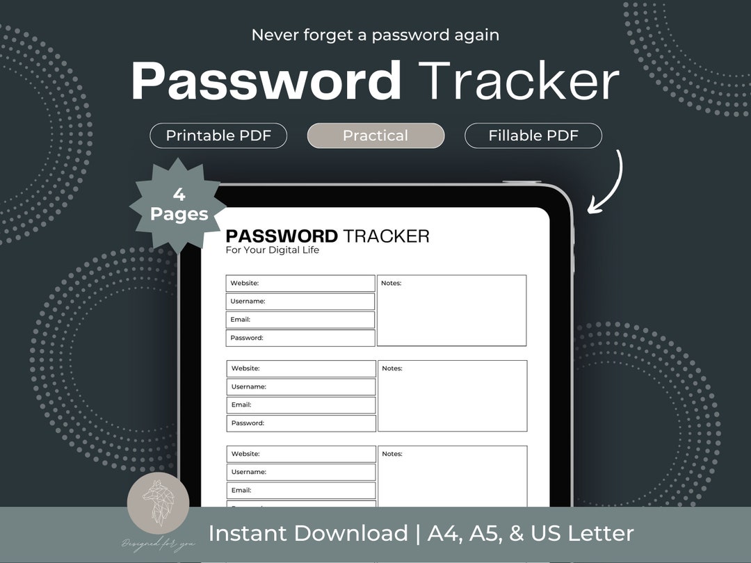Password Tracker Printable, Fillable Password Log (A4, A5, Letter) - Etsy
