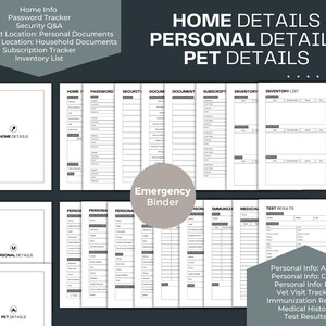 May include: A printable set of black and white forms for organizing home, personal, and pet details. The forms include sections for passwords, security, documents, subscriptions, inventory, personal information, medical records, and pet information. The text "Emergency Binder" is printed in a circle at the center of the image.