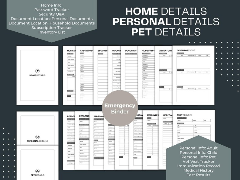May include: A printable set of black and white forms for organizing home, personal, and pet details. The forms include sections for passwords, security, documents, subscriptions, inventory, personal information, medical records, and pet information. The text "Emergency Binder" is printed in a circle at the center of the image.