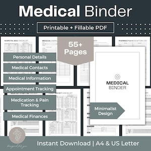 Medical Binder Printable Chronic Illness Medical Planner Fillable PDF Emergency Binder Mental Health Tracker Medical Record Binder