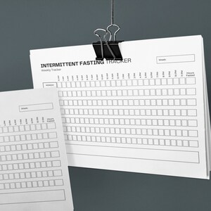 May include: Printable intermittent fasting tracker with a weekly layout. The tracker has a column for each day of the week and a row for each hour of the day. There is a space to write in the week number and the total hours fasted.