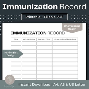 Immunization Record Printable Vaccination Log for Kids For Your Medical Binder Fillable PDF Immunization Record Book Immunization Schedule