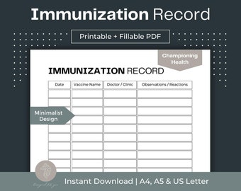 May include: A printable immunization record template with the title "Immunization Record" and the text "Championing Health" in a gray box. The template has columns for date, vaccine name, doctor/clinic, and observations/reactions.