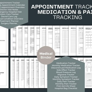 May include: A black and white printable medical binder with a variety of trackers for appointments, medications, pain, and more. The binder includes pages for tracking doctor visits, dental care, surgery, and monthly appointments. It also includes pages for tracking medication, side effects, blood pressure, migraines, and daily symptoms. The binder is designed to help people manage their health and wellness.