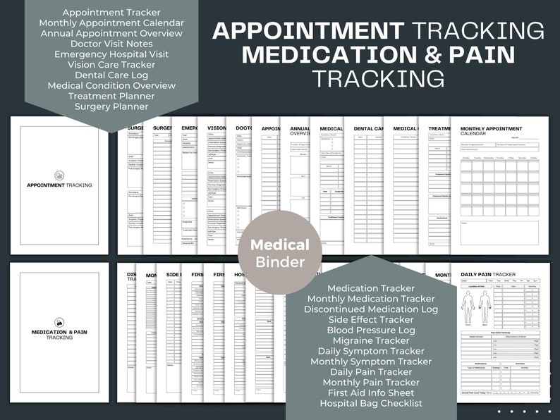 May include: A black and white printable medical binder with a variety of trackers for appointments, medications, pain, and more. The binder includes pages for tracking doctor visits, dental care, surgery, and monthly appointments. It also includes pages for tracking medication, side effects, blood pressure, migraines, and daily symptoms. The binder is designed to help people manage their health and wellness.