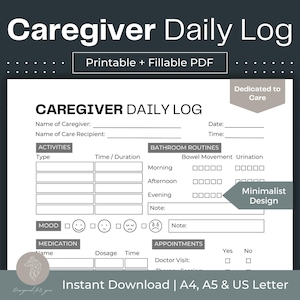 Registro giornaliero del caregiver Lista di controllo del caregiver stampabile PDF compilabile Note giornaliere del caregiver Diario del caregiver Assistenza agli anziani Piano di assistenza agli anziani Home