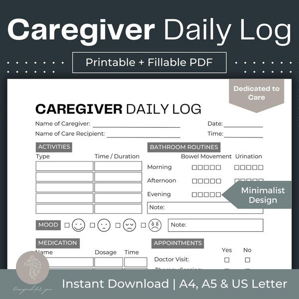 Caregiver Daily Log Printable Caregiver Checklist Fillable PDF Daily Caregiver Notes Caregiving Journal Elderly Care Senior Care Plan Home