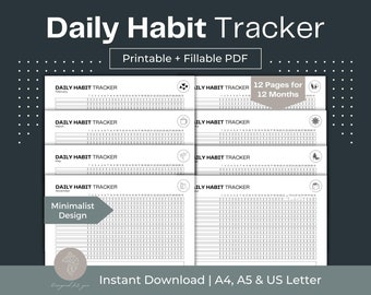 May include: A printable daily habit tracker with 12 pages for each month of the year. The tracker has a minimalist design and is available in A4, A5, and US Letter sizes. The text "Daily Habit Tracker" and "12 Pages for 12 Months" is visible in the image.