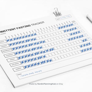 May include: A printable intermittent fasting tracker with a weekly calendar layout. The tracker has a grid of boxes for each day of the week, with a blue "X" in each box to mark the hours of fasting. The tracker includes a notes section at the bottom.