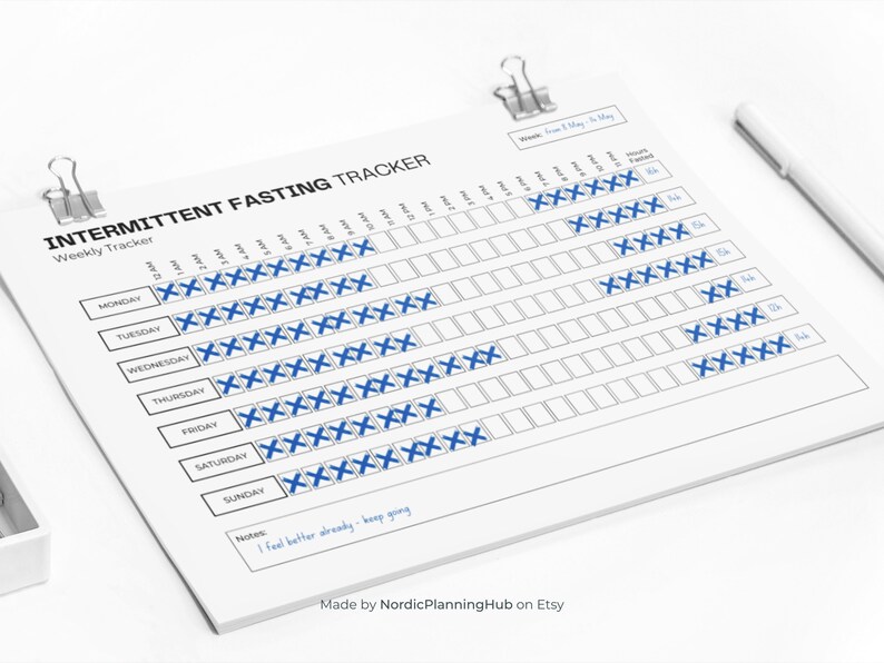 May include: A printable intermittent fasting tracker with a weekly calendar layout. The tracker has a grid of boxes for each day of the week, with a blue "X" in each box to mark the hours of fasting. The tracker includes a notes section at the bottom.