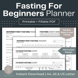 May include: A printable fasting planner with a minimalist design. The planner includes a daily and weekly intermittent fasting tracker, a 72-hour fasting chart, and a cheat sheet with tips for starting a fasting routine.