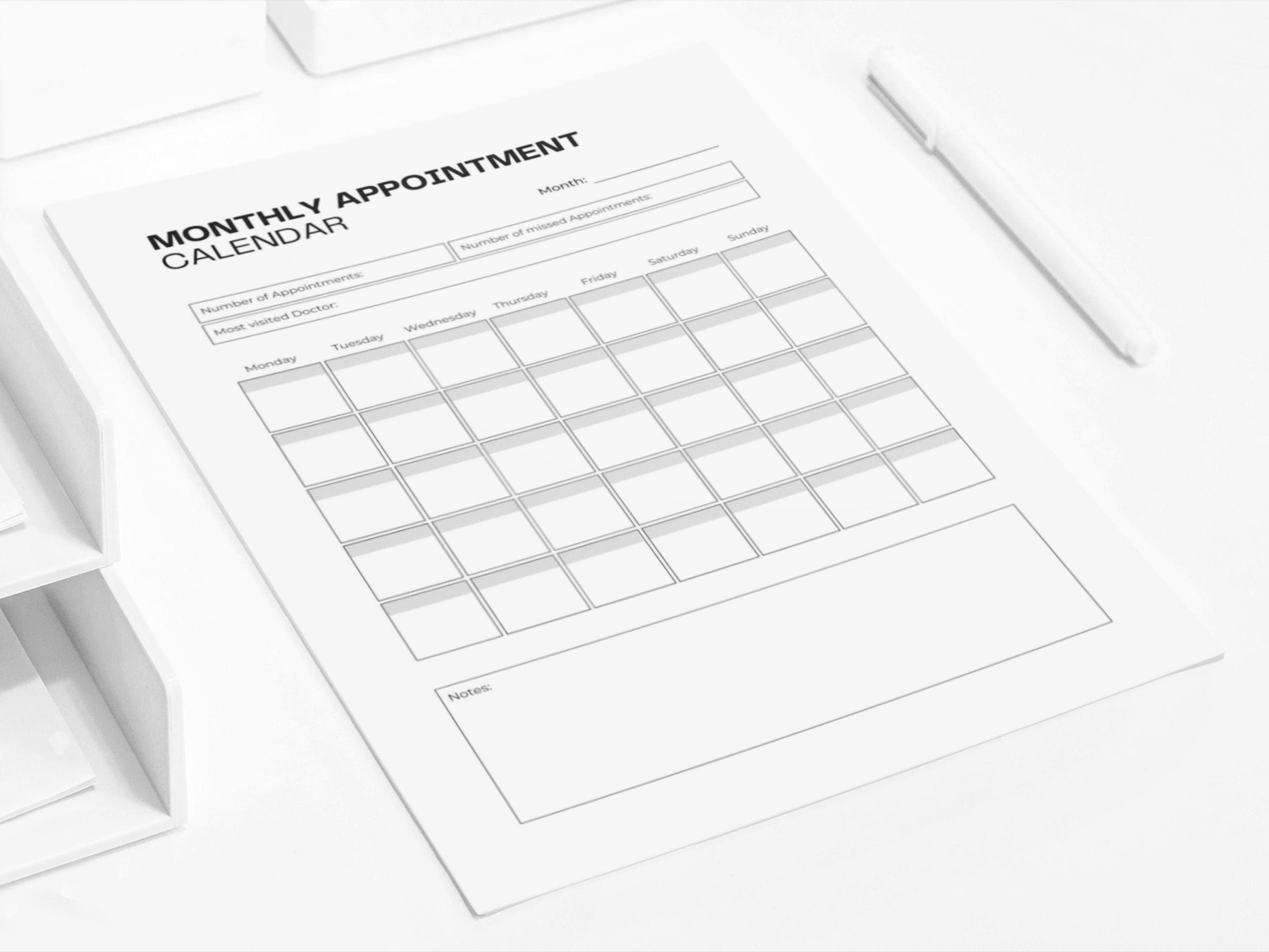 Monthly Appointment Calendar Printable Doctor Appointment Log Fillable PDF for Your Medical ...
