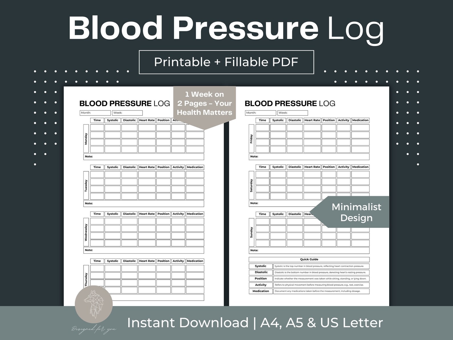 Blood Pressure Log Printable Blood Sugar Log Fillable PDF Health ...