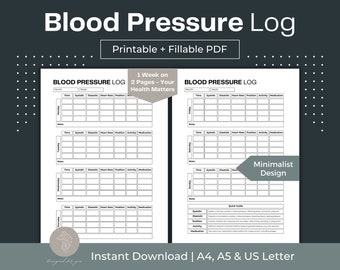 Blood Pressure Log Printable, Daily Health Tracker (Fillable PDF)