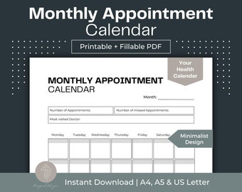 Monthly Doctor Appointment Calendar Printable, Fillable PDF (A4, A5, Letter)