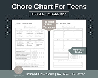 Chore Chart for Teens Printable ADHD Help Cleaning Planner Fillable PDF Cleaning Schedule ADHD Cleaning Checklist Weekly Cleaning Chart