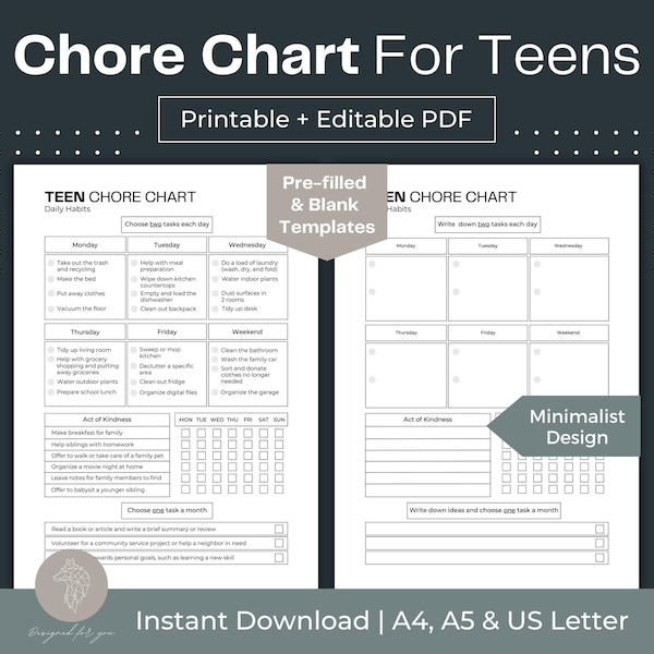 Chore Chart for Teens Printable ADHD Help Cleaning Planner Fillable PDF Cleaning Schedule ADHD Cleaning Checklist Weekly Cleaning Chart