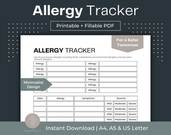 Könnte beinhalten: Ein druckbarer und ausfüllbarer PDF-Allergie-Tracker mit dem Titel "Allergy Tracker". Das Dokument enthält Abschnitte zum Auflisten von Allergien, Symptomen und Schweregraden. Das Design ist minimalistisch, mit dem Text "For a Safer Tomorrow". Erhältlich in A4, A5 und US Letter.