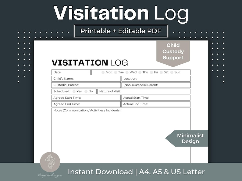 Visitation Log Printable Child Custody Planner Fillable PDF Co ...