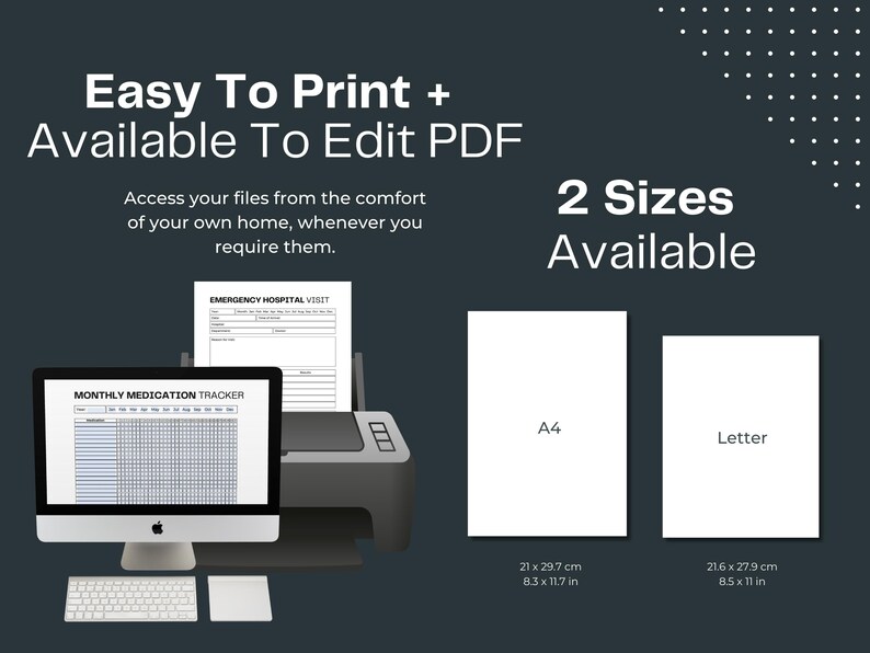 May include: A computer screen displaying a printable monthly medication tracker and an emergency hospital visit form. The computer is connected to a printer. The image also shows a white sheet of paper labeled "A4" with dimensions 8.3 x 11.7 inches and another white sheet of paper labeled "Letter" with dimensions 8.5 x 11 inches.