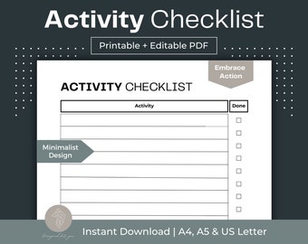 Minimalist Activity Checklist, Fillable Daily To-Do List (PDF)