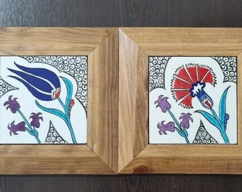 Unique Fall Decoraction,Minimalist Framed Wall Decor,4's Iznik Tile Panel,Traditional Home Art,Flower Motif Ceramic Wall Decor,Hallowen Gift