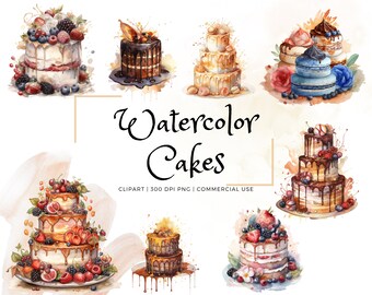 Watercolor Cakes, Festival Cakes, Wedding Cakes, Clipart Bundle, Dessert wall art, PNG format instant download for commercial use