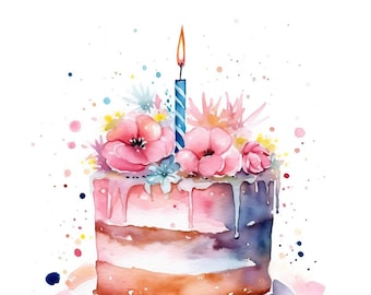 10 Colorful Birthday Cake Watercolor Clipart | JPG files Clip Art | Digital Download, Card Making, Journaling, Calendar, T-shirt