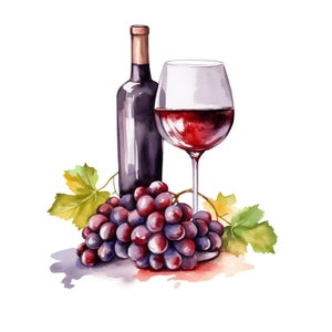 Rode wijnglas en fles | 10 aquarelillustraties | JPG-bestanden Clip Art | Digitale download, kaarten maken, dagboek bijhouden, kalender, T-shirt