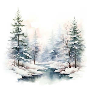Watercolor Winter Forest Clipart 10 JPG Wood Clip Art Winter Forest Landscapes Snowy Misty Forest Landscape PNG Commercial Use