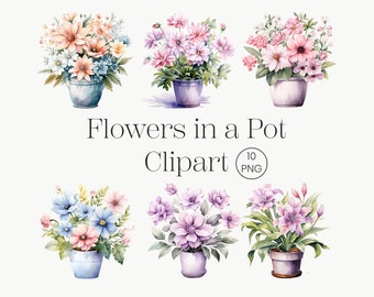 Watercolor Flower Pot Clipart: Purple Floral Bouquet (10 PNG Digital Files)