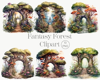 May include: A set of 6 digital illustrations of whimsical fantasy forest scenes. Each scene features a stone pathway leading through an archway formed by large trees with colorful mushrooms growing on them. The scenes are painted in a watercolor style with a soft, dreamy feel.