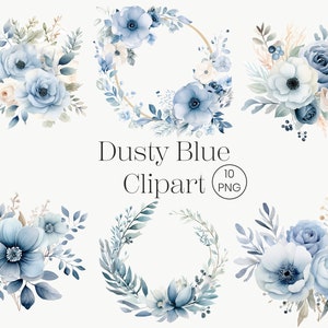 Dusty Blue Flower Clipart 10 PNG Floral Clipart Watercolor Blue Peony Bouquet Blue Floral Frames Wedding Clip Art Border Digital Download