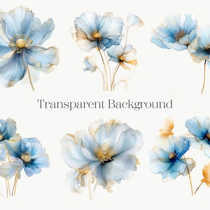 Pu&ograve; includere: Un set di sei illustrazioni ad acquerello di fiori blu e dorati su sfondi trasparenti. I fiori sono stilizzati e hanno un aspetto delicato ed etereo.