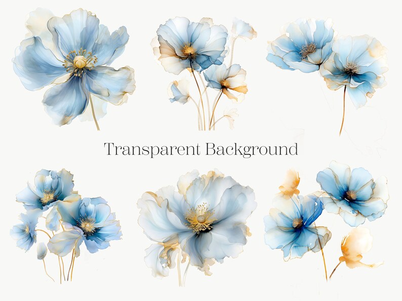 Pu&ograve; includere: Un set di sei illustrazioni ad acquerello di fiori blu e dorati su sfondi trasparenti. I fiori sono stilizzati e hanno un aspetto delicato ed etereo.