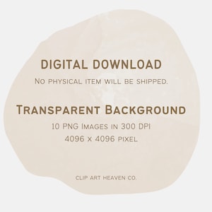 Puede incluir: Gr&aacute;fico de descarga digital con texto: "DESCARGA DIGITAL, FONDO TRANSPARENTE, 10 IM&Aacute;GENES PNG EN 300 DPI, 4096 x 4096 P&Iacute;XELES." El texto es marr&oacute;n sobre un fondo beige estilo acuarela. La parte inferior del gr&aacute;fico dice "CLIP ART HEAVEN CO."