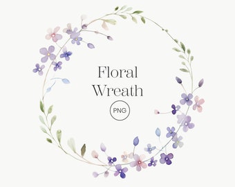 Watercolor Purple Floral Wreath Clipart (PNG Digital Download)