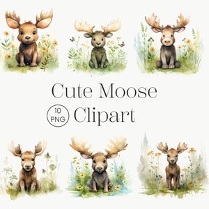 Mignon Moose Clipart, 10 PNG de haute qualité, Woodland Animal Deer, Baby Showers Decor, Nursery Art, Digital Download Aquarelle Moose