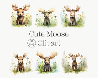 Cute Moose Clipart, 10 High Quality PNG, Woodland Animal Deer, Baby Showers Decor, Nursery Art, Digital Download Watercolor Moose