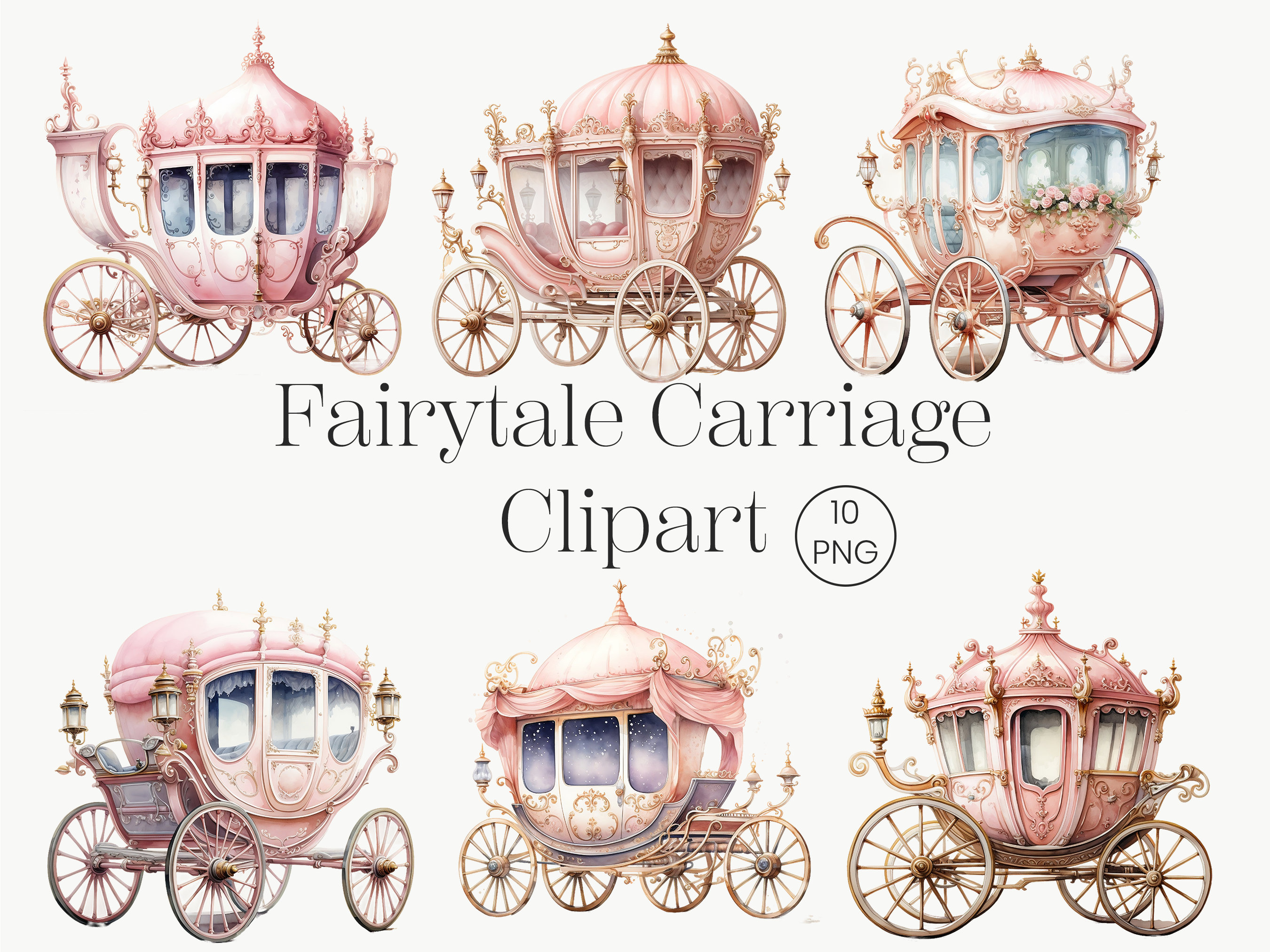 Watercolor Fairytale Carriage Clipart, 10 Transparent PNG, Princess Carriage Clipart Royal Carriage Baby Shower Clipart Cinderella Carriage