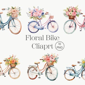 Clipart di biciclette ad acquerello / 10 PNG / Bicicletta d'epoca, bicicletta con fiori Cesto di fiori Bicicletta PNG Carta primaverile Fiore ad acquerello