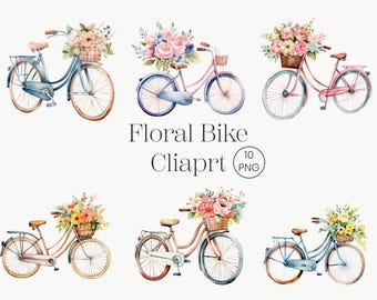 Watercolor Floral Bicycle Clipart: Vintage Bike PNG (10 Files)