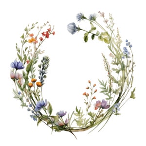 Ghirlanda di fiori selvatici Clipart di fiori / 10 JPG di alta qualità / Corona di fiori Corona floreale Creazione di biglietti, artigianato di carta digitale Bouquet di fiori selvatici