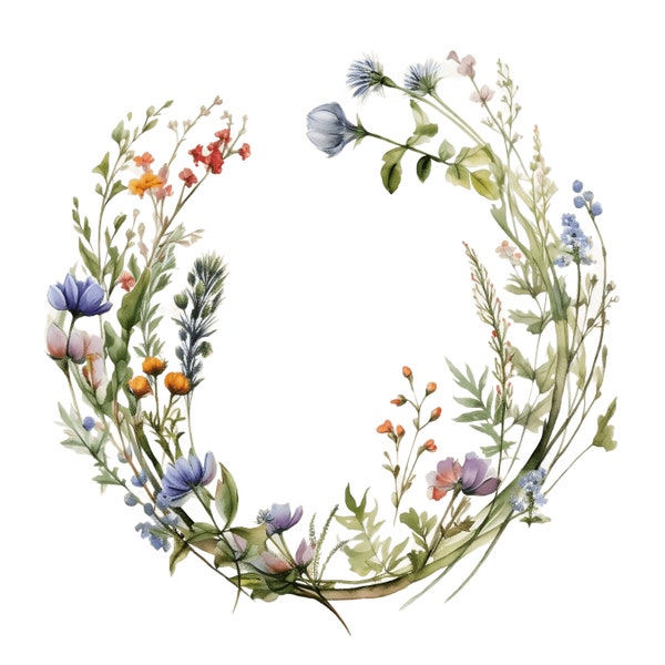Clipart de fleur de couronne de fleurs sauvages | 10 JPG de haute qualité | Guirlande de fleurs Couronne florale Fabrication de cartes, Bouquet de fleurs sauvages en papier numérique