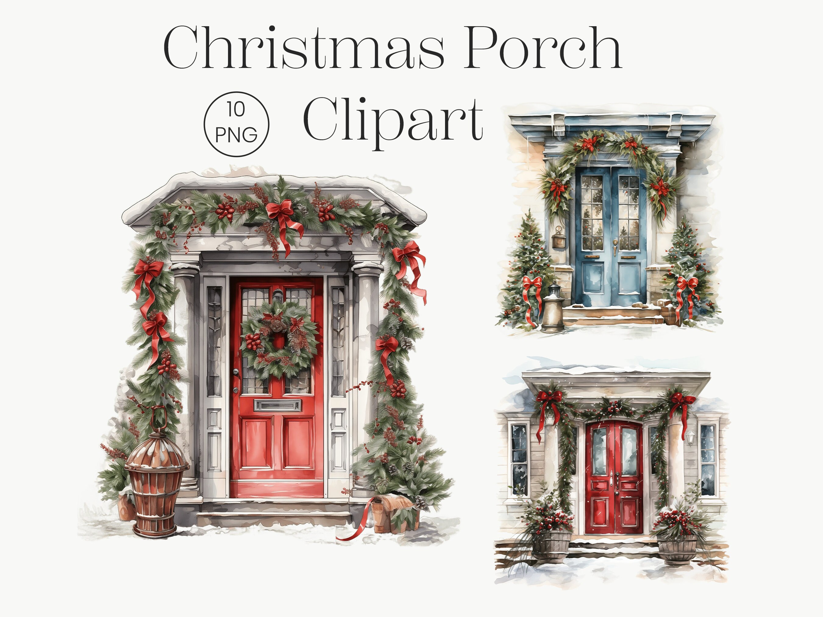 Christmas Porch Clipart Watercolor, Christmas decor, Watercolor Christmas Collage Images, Winter Holiday Scene Digital Craft
